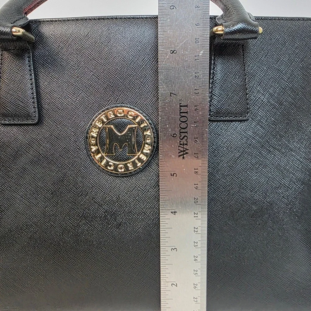 Metrocity Black Saffiano Leather Leopard Print Satchel Handbag Gold‎ Hardware
